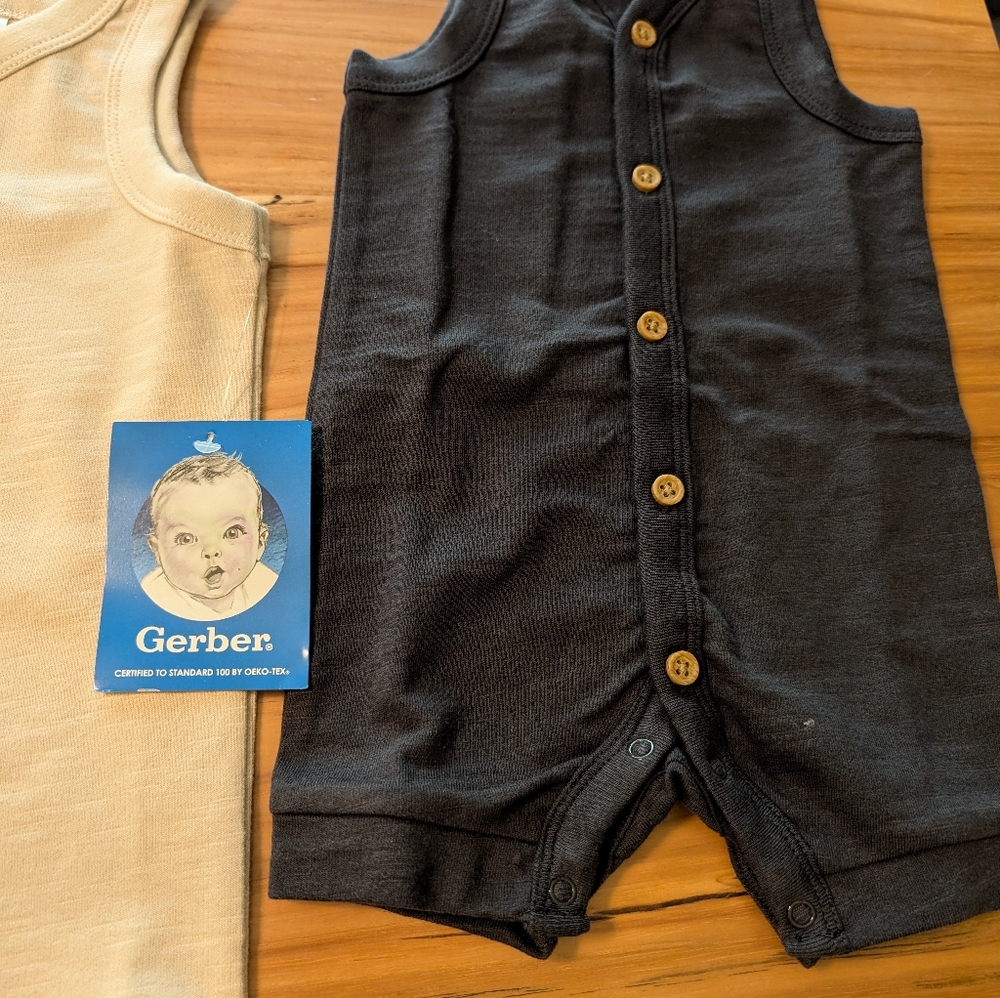 NWT 2-Pack Baby Boys Tan & Dark Gray Short Leg Sleeveless Romper - Picture 2 of 7